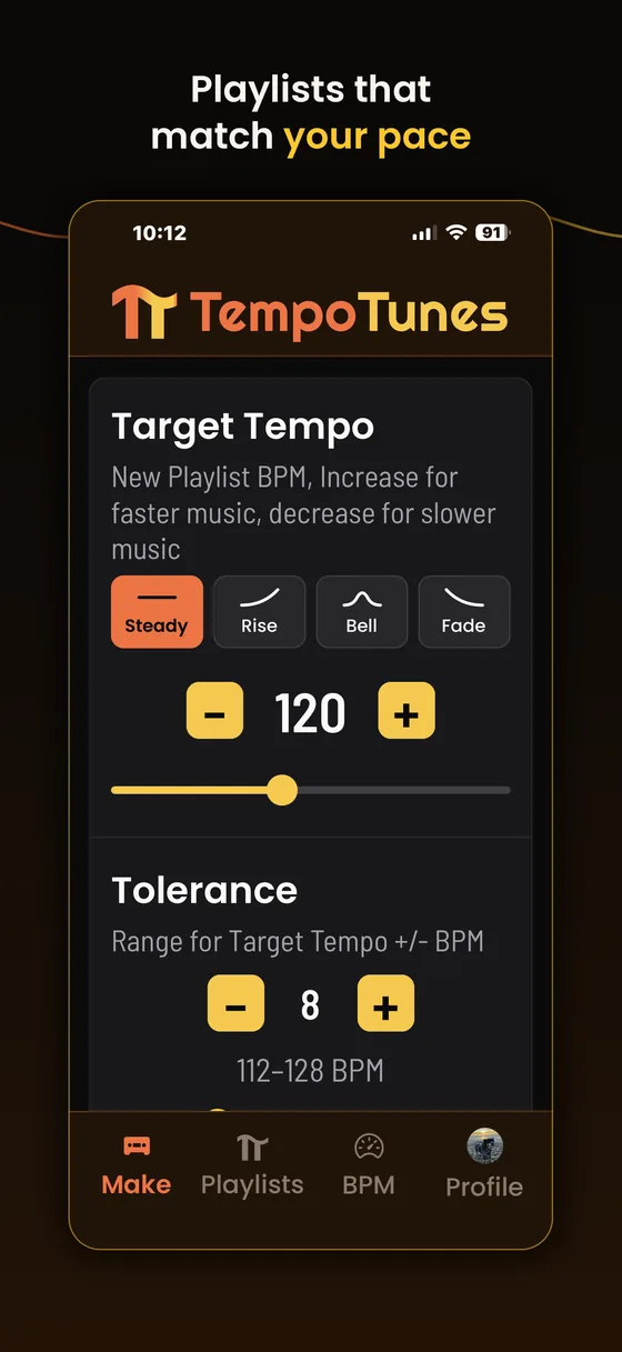 The Make screen with Target Tempo set to 120 BPM and tolerance at plus or minus 8