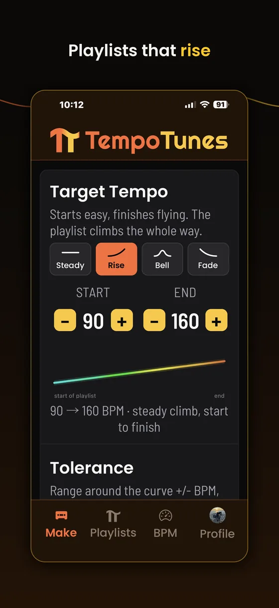 Rise shape selected, climbing from 90 to 160 BPM