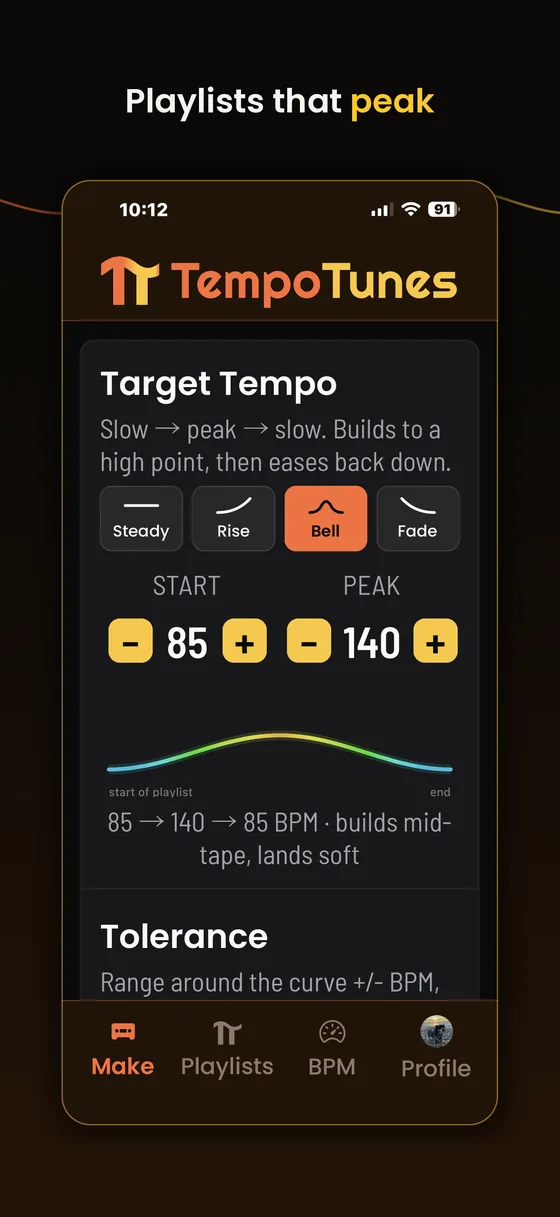 Bell shape selected, 85 up to a 140 BPM peak and back down
