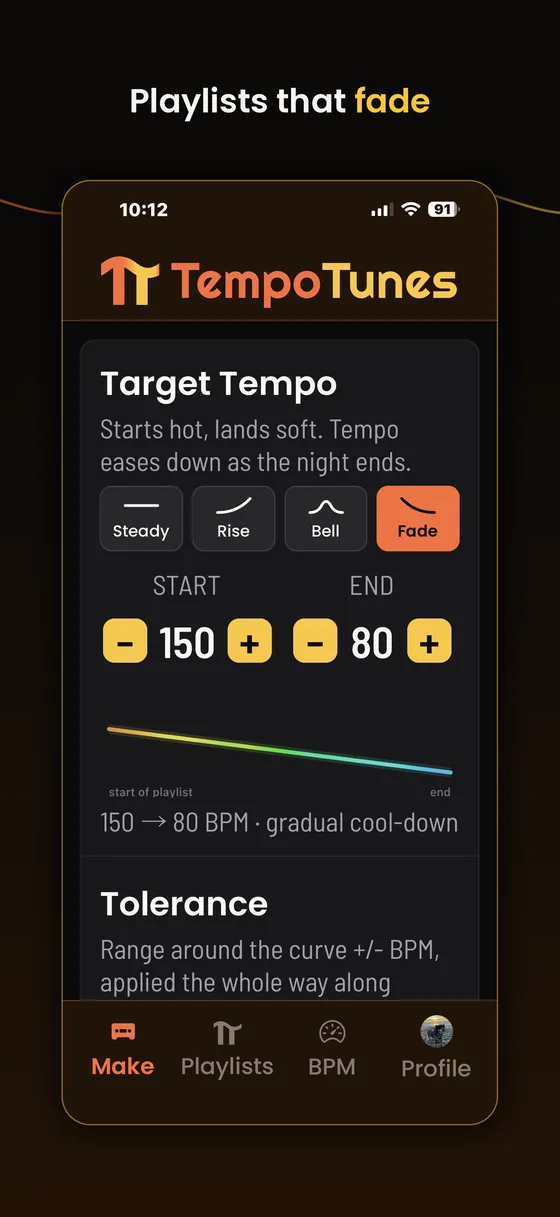 Fade shape selected, easing from 150 down to 80 BPM