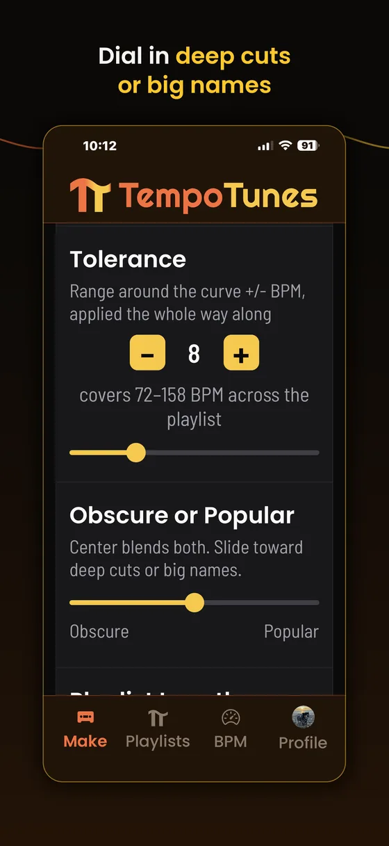 Tolerance at plus or minus 8 covering 72 to 158 BPM across the playlist, above the Obscure or Popular slider