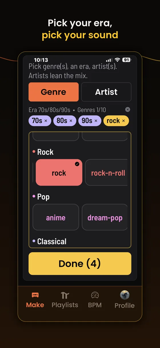 The genre and era picker with 70s, 80s, 90s and rock selected and a Done button