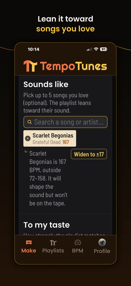 The Sounds like card with Scarlet Begonias by Grateful Dead picked and a Widen to plus or minus 17 chip
