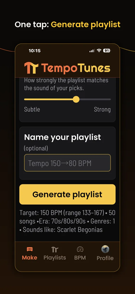 The bottom of the Make screen with the To my taste slider, an optional name field and the Generate playlist button