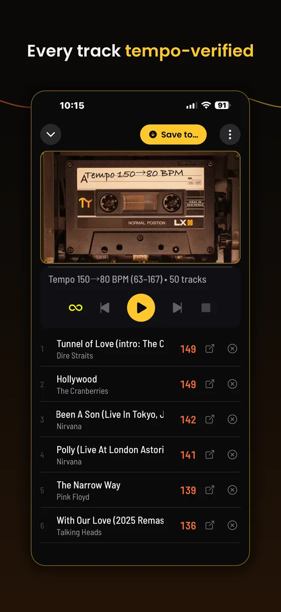 A finished playlist as a cassette, with transport controls and a track list showing each song's BPM
