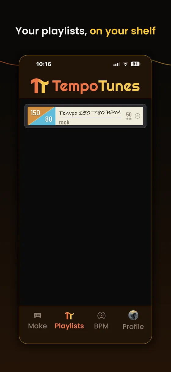 The Playlists tab with the new playlist shown as a labelled cassette spine