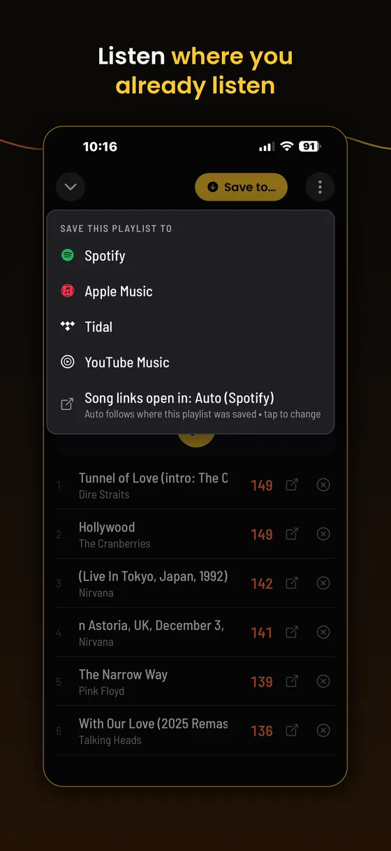 The Save this playlist to menu listing Spotify, Apple Music, Tidal and YouTube Music