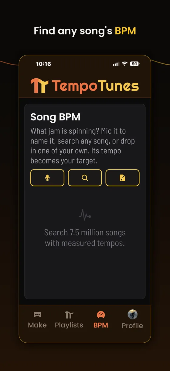 The Song BPM screen with microphone, search and file buttons