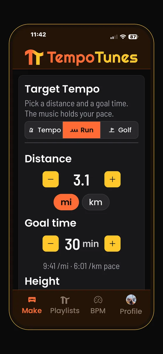 The Make screen with the Run switch selected, a distance of 3.1 miles and a goal time of 30 minutes