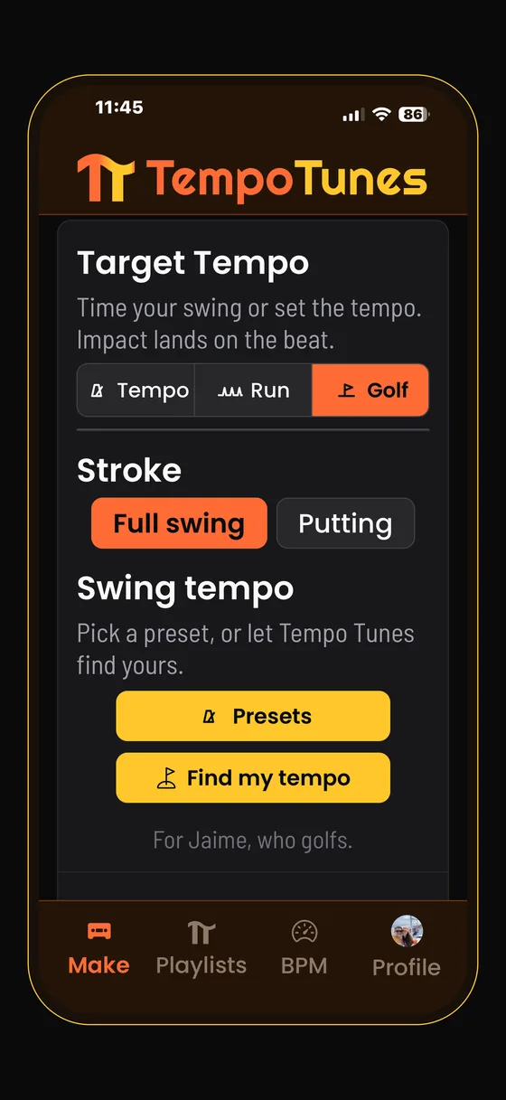 The Make screen with the Golf switch selected, showing Full swing and Putting, and the Presets and Find my tempo buttons