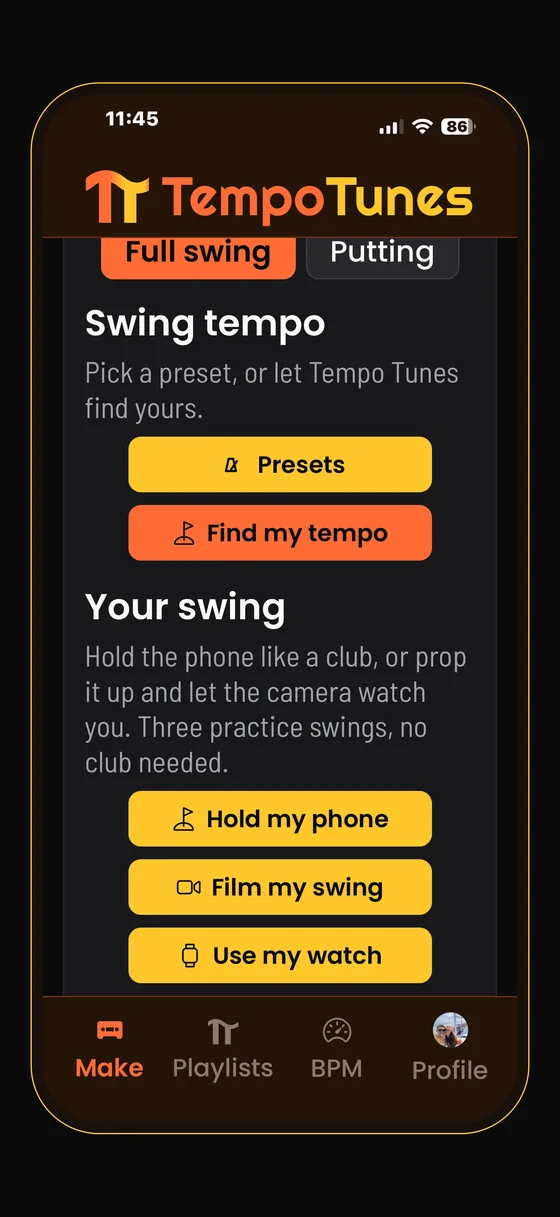 Find my tempo opened, with buttons for Hold my phone, Film my swing, and Use my watch