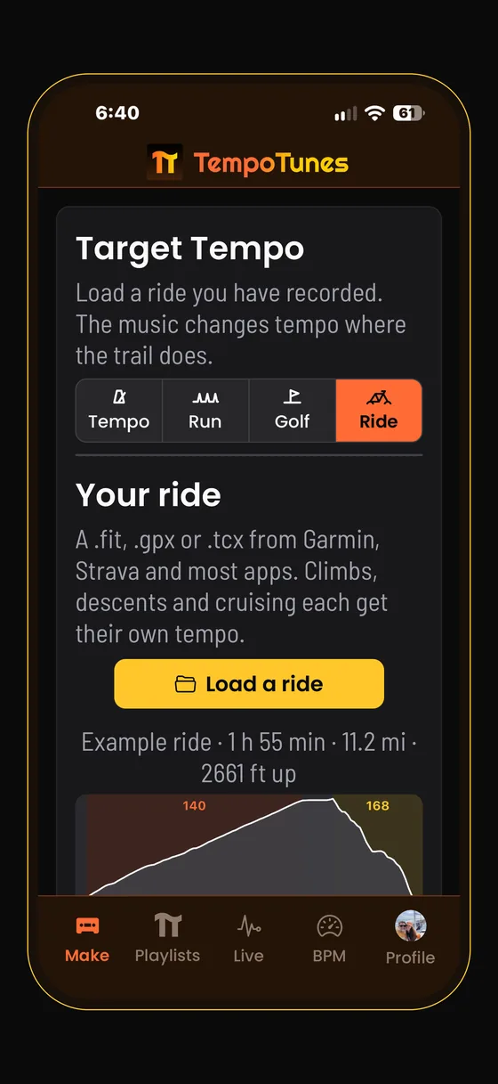 The Make screen with the Ride switch selected, the Load a ride button, and the example ride's terrain strip with 140 and 168 BPM marked
