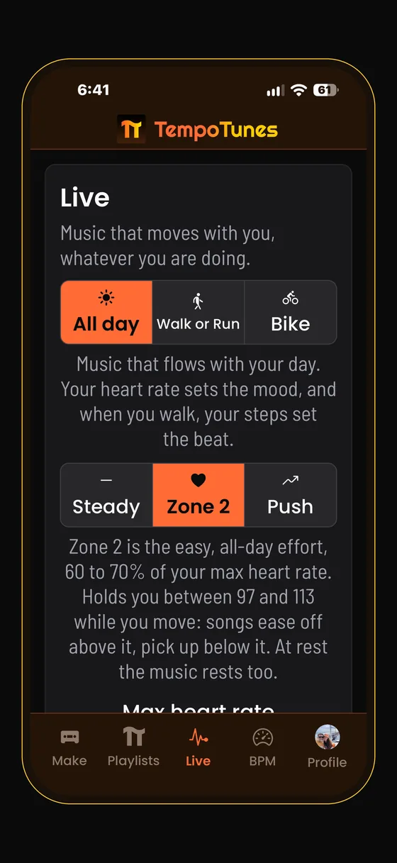 The Live tab before a session: activity buttons All day, Walk, Run, Bike and Snow, then goal buttons Steady, Zone 2 and Push, with Zone 2 explained underneath