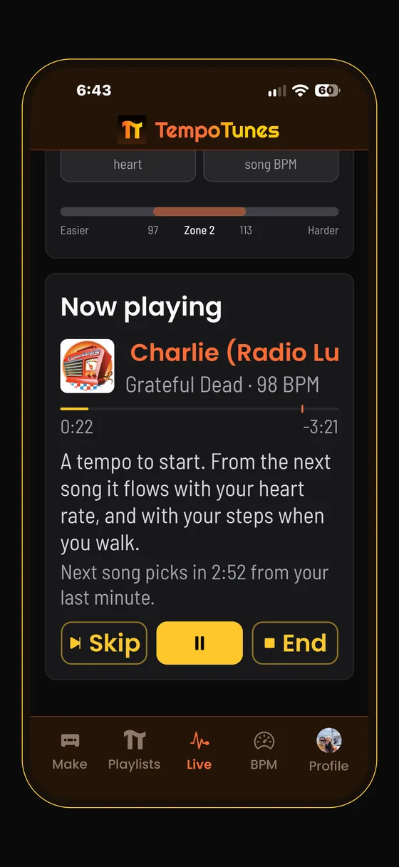 The Live tab mid-session: the zone bar, Now playing with the song and its BPM, the song bar, a line explaining the tempo, and Skip, pause and End buttons